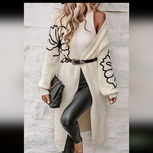 New Elegant Floral Embroidered Cardigan - Long Sleeve, Drop Shoulder, Open Front - Picture 1 of 3